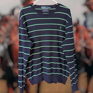 Polo Ralph Lauren Men's XL Navy Green Striped Pima Cotton Sweater Bright Pony
